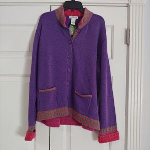 Orvis NWT Cardigan Sweater with front pockets Long Sleeve XL purple pink green